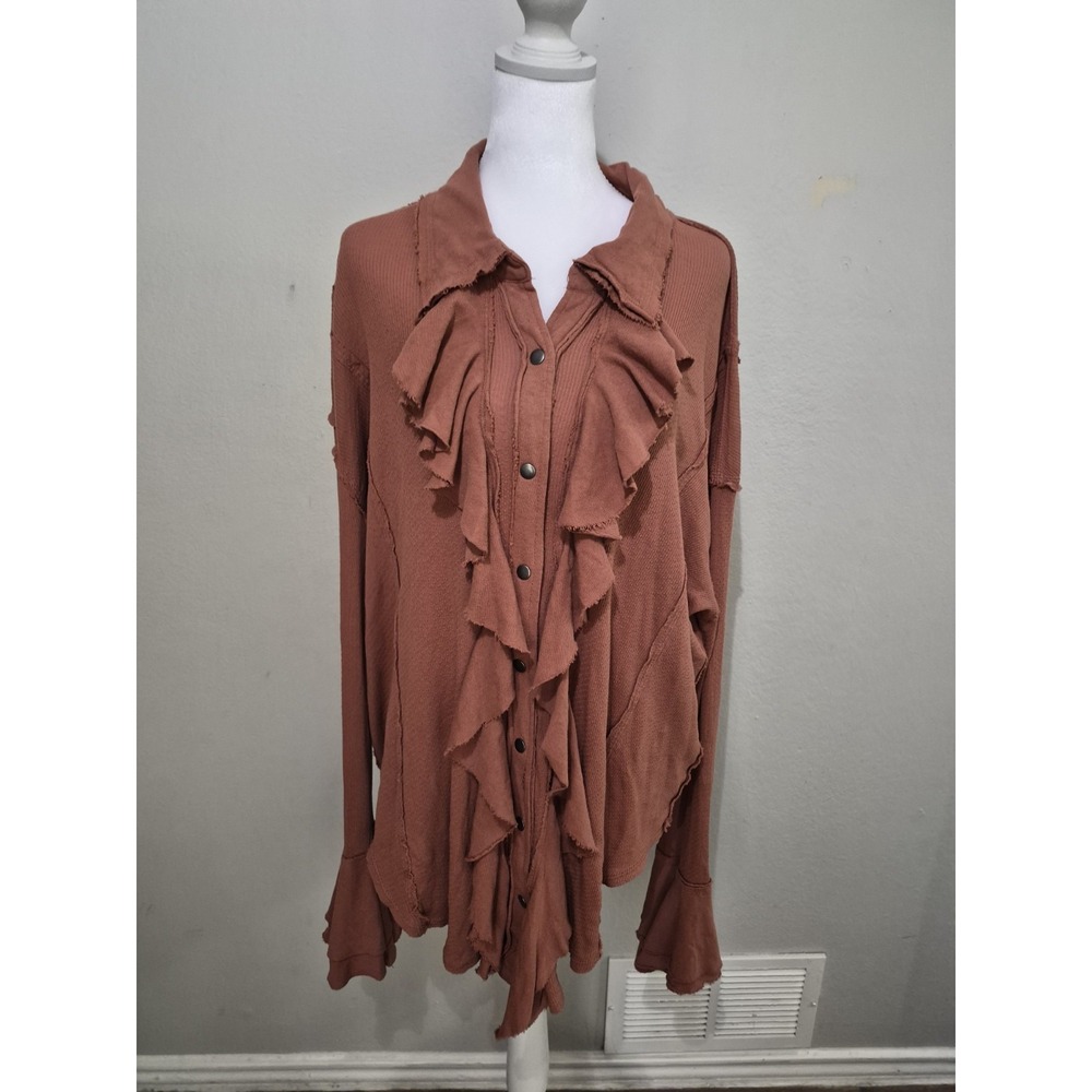 We the Free Women's Brown Snap Up Blouse Boho Tunic long sleeves Size Large